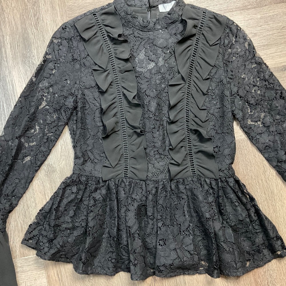 Marled Reunited Clothing Lace Bell Sleeve Peplum Top Womens XS Black Edwardian - Picture 7 of 9